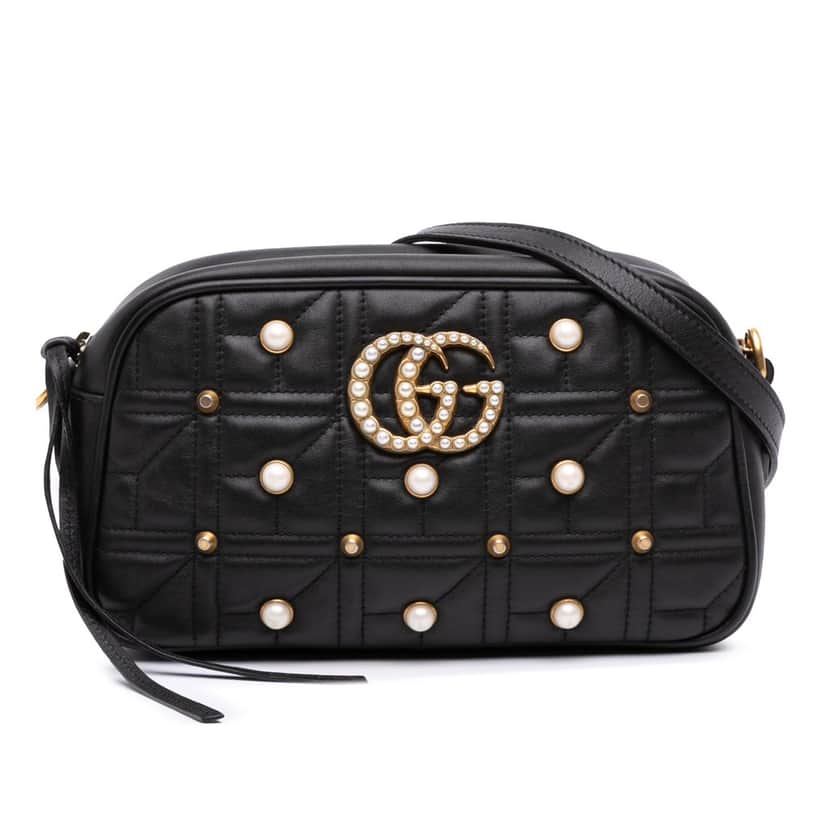 Gucci Small GG Marmont Matelasse Leather Pearl Studded Crossbody Black Leather Good condition - Front View