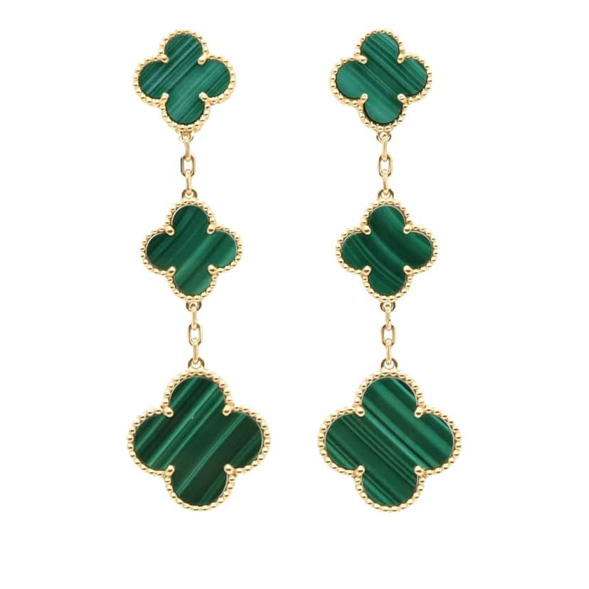 Van Cleef & Arpels 18K Yellow Gold and Malachite Magic Alhambra 3 Motif Earrings Gold Gold Good condition - Front View