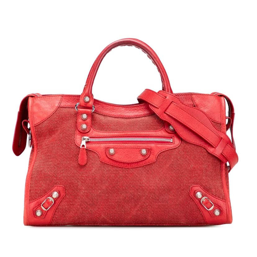 Balenciaga Lambskin Trimmed Canvas Motocross City Giant 12 Satchel Red Canvas Good condition - Front View
