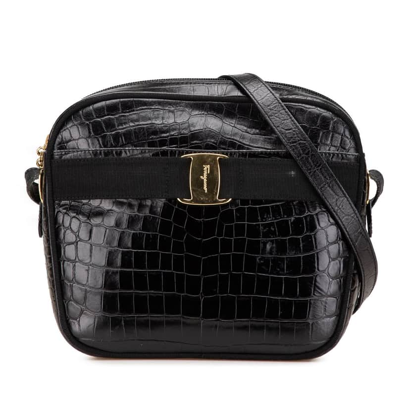Salvatore Ferragamo Vara Embossed Leather Crossbody Black Leather Good condition - Front View