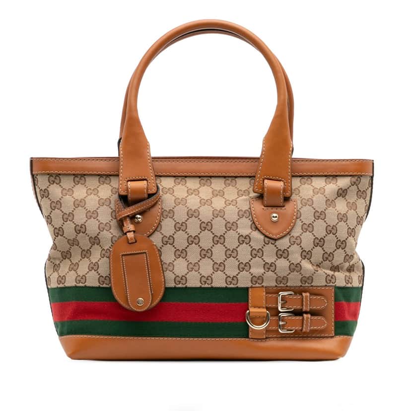 Gucci Medium GG Canvas Web Heritage Tote Brown Canvas Good condition - Front View