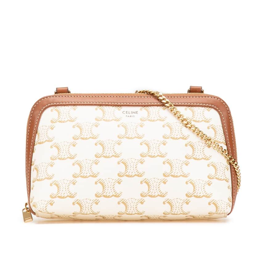 Celine Triomphe Coated Canvas Clutch On Chain White Canvas Very good condition - Front View
