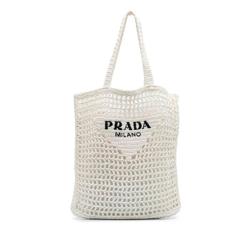 Prada Raffia Effect Crochet Logo Embroidered Tote White Good condition - Front View