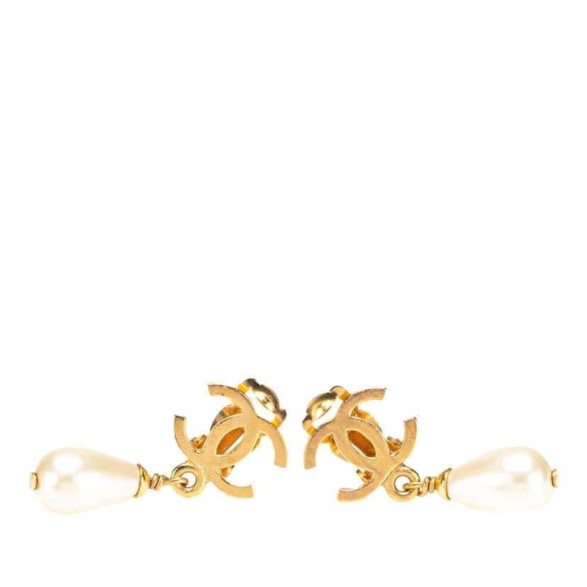 Chanel Gold Plated CC Faux Pearl Drop Clip on Earrings Gold Metal Good condition - Front View