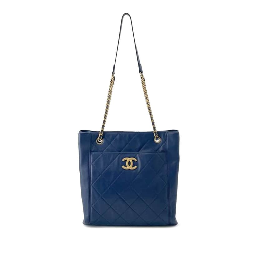 Chanel CC Quilted Calfskin Front Pocket Shopping Bag Blue Leather Good condition - Front View