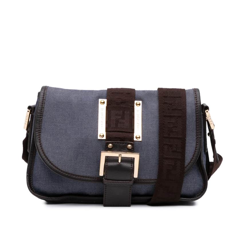 Fendi Zucca Trimmed Denim Buckle Flap Bag Blue Denim Good condition - Front View