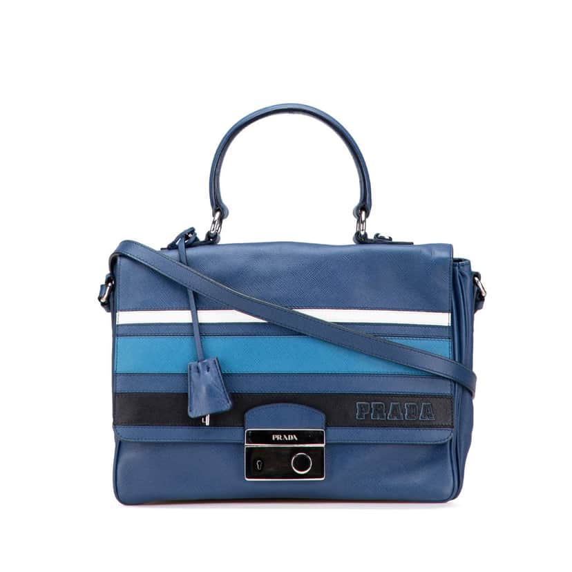 Prada Saffiano Righe Sound Lock Satchel Blue Leather Good condition - Front View