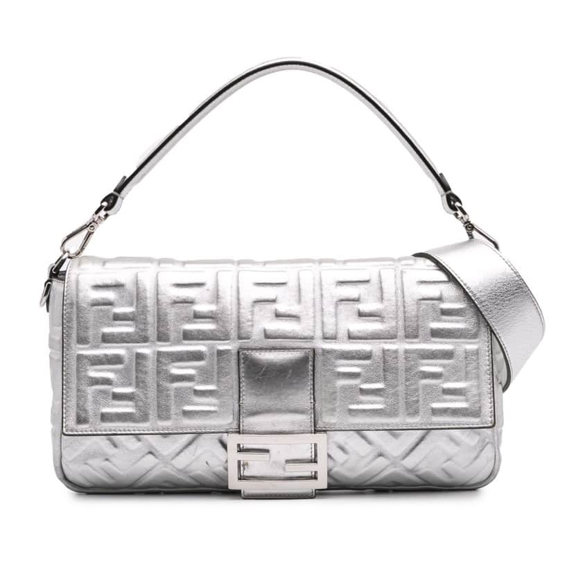 Fendi Large Zucca Embossed Baguette Satchel Silver Leather Good condition - Front View