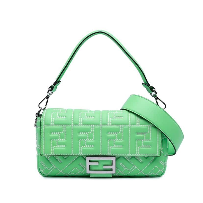 Fendi Zucca Embossed Stitched Leather Baguette Satchel Green Leather Good condition - Front View
