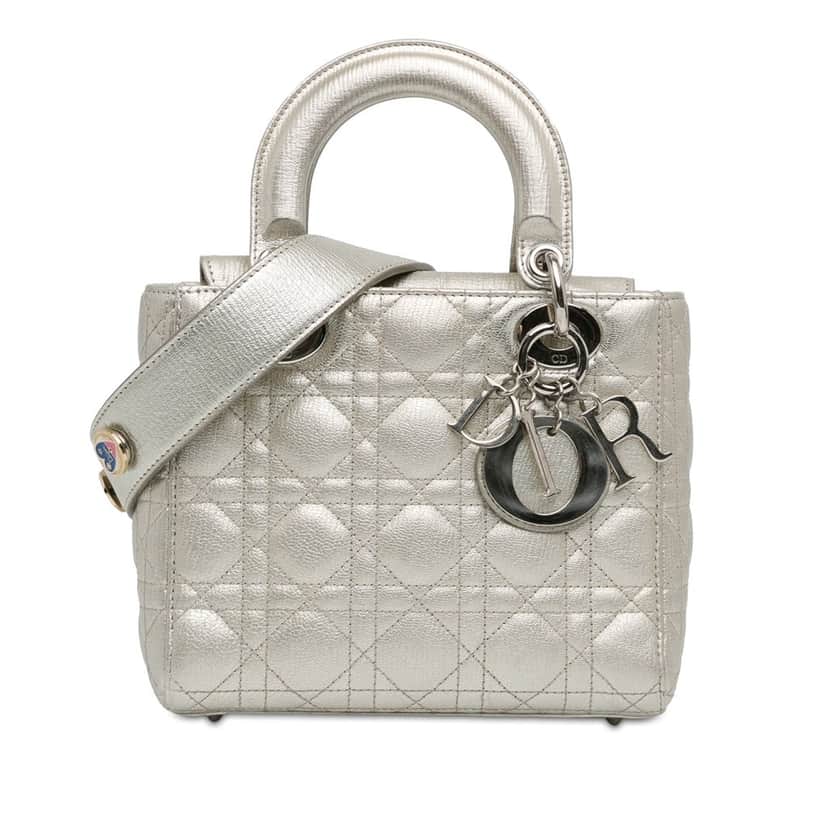 Dior Small Metallic Grained Calfskin Cannage My ABCDior Lady Dior Silver Leather Good condition - Front View