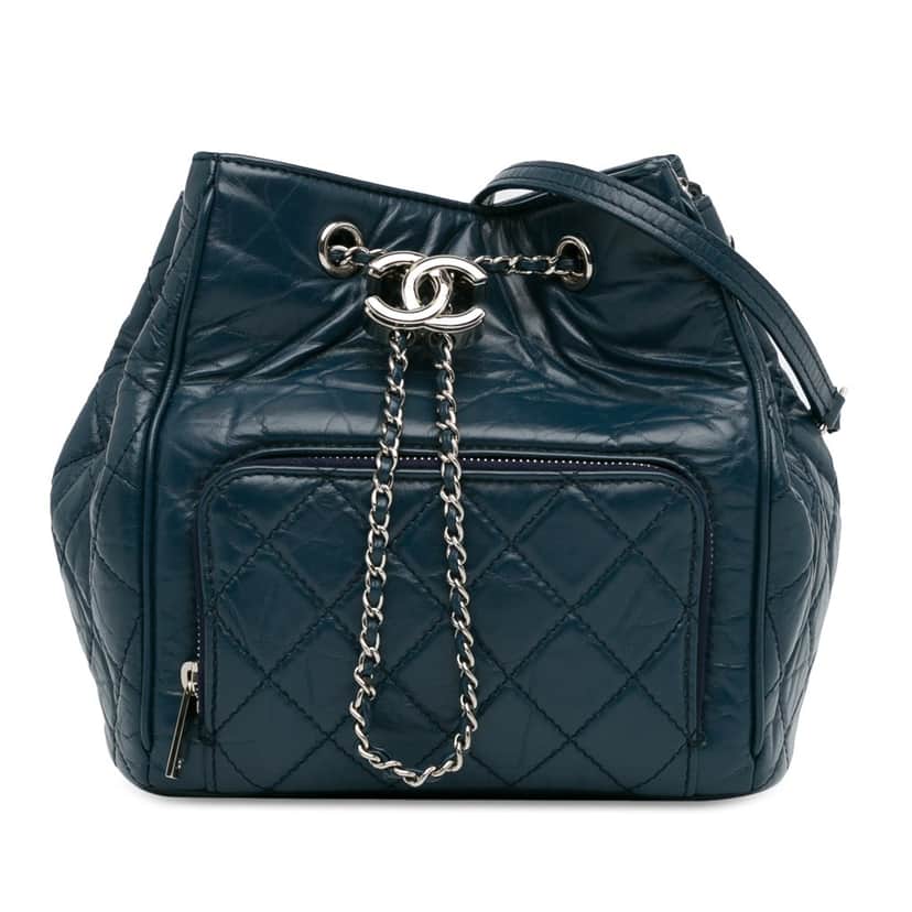 Chanel Aged Calfskin Drawstring Bucket Blue Leather Good condition - Front View