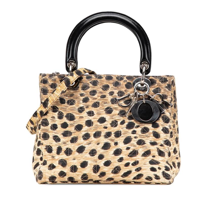 Dior Medium Canvas Cannage Leopard Print Lady Dior Brown Canvas Good condition - Front View
