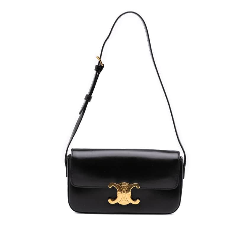 Celine Shiny Calfskin Claude Shoulder Bag Black Leather Good condition - Front View