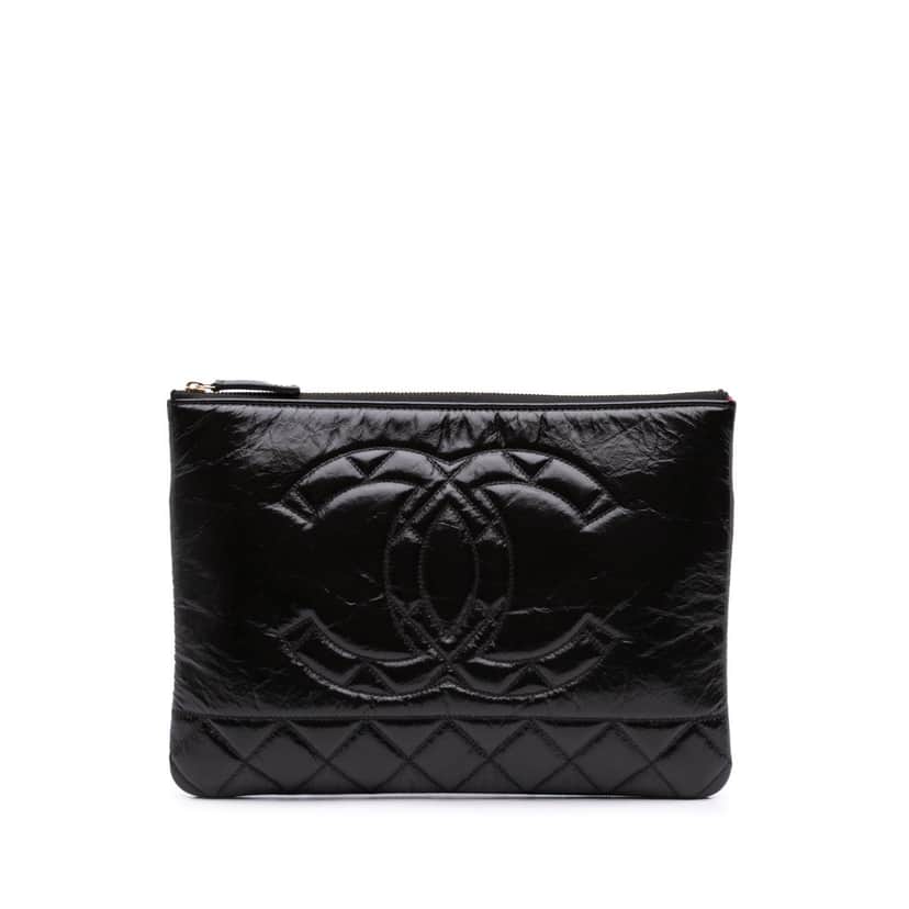 Chanel Medium Shiny Aged Calfskin O Case Clutch Black Leather Good condition - Front View