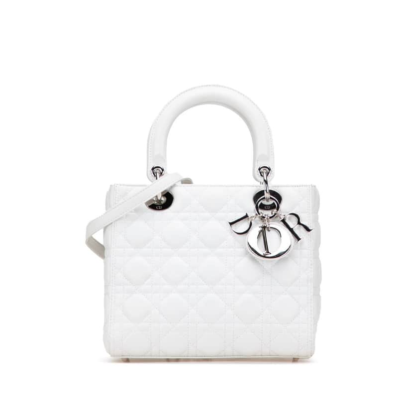 Dior Medium Lambskin Cannage Lady Dior White Leather Good condition - Front View