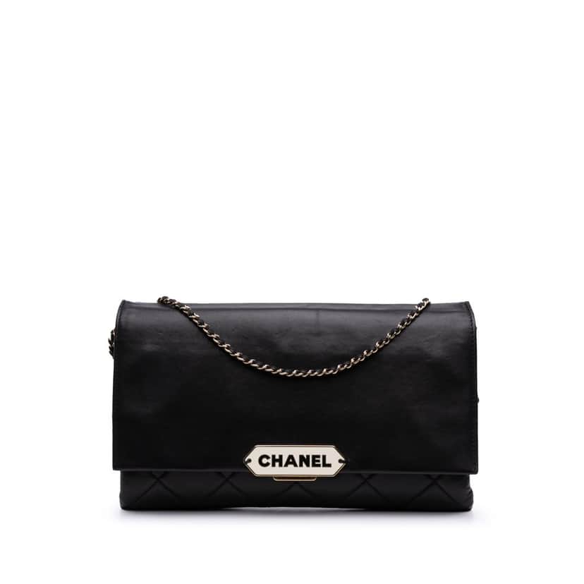 Chanel Quilted Lambskin Retro Label Shoulder Bag Black Leather Good condition - Front View