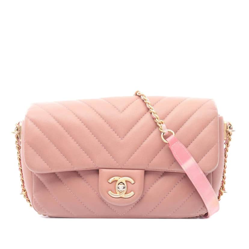 Chanel Mini Rectangular Chevron Lambskin Chain Around Flap Pink Leather Good condition - Front View