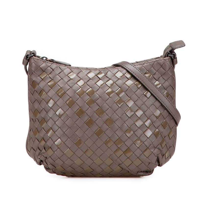 Bottega Veneta Nappa and Patent Intrecciato Crossbody Brown Leather Good condition - Front View