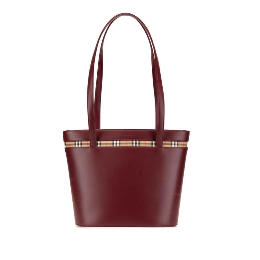 Burberry House Check Trimmed Leather Tote Red Leather Good condition - Front View