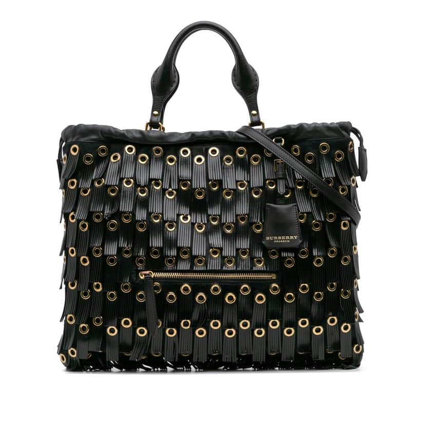 Burberry Calf Hair and Leather Grommet Fringe Big Crush Tote Black Good condition - Front View