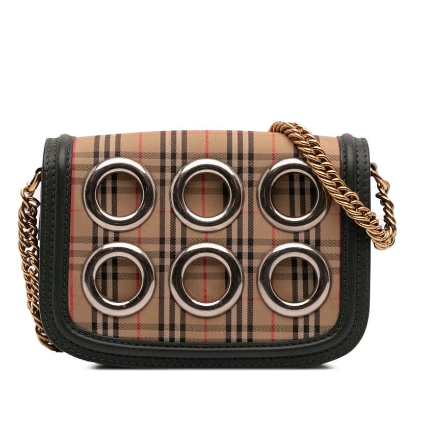 Burberry 1983 Knight Check Canvas and Smooth Calfskin Grommet Chain Crossbody Brown Canvas Good condition - Front View