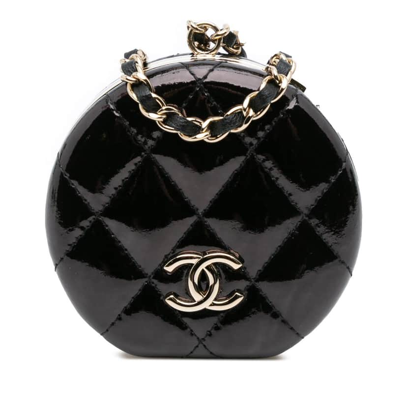 Chanel Quilted Patent Round Mirror Chain Necklace Black Leather Very good condition - Front View