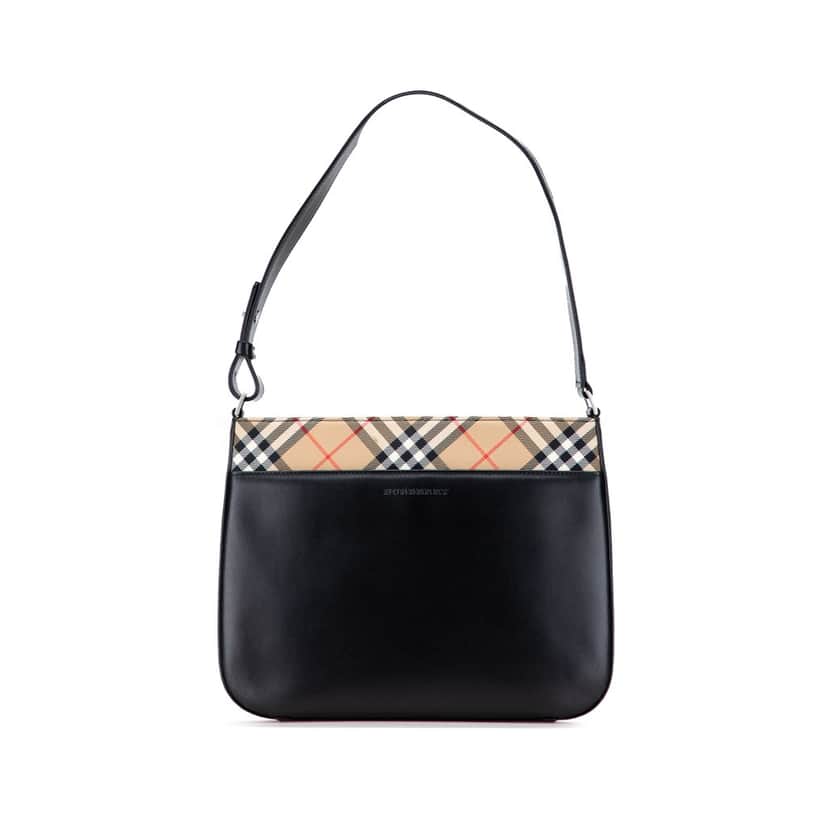 Burberry Nova Check Canvas Trimmed Leather Shoulder Bag Black Leather Good condition - Front View
