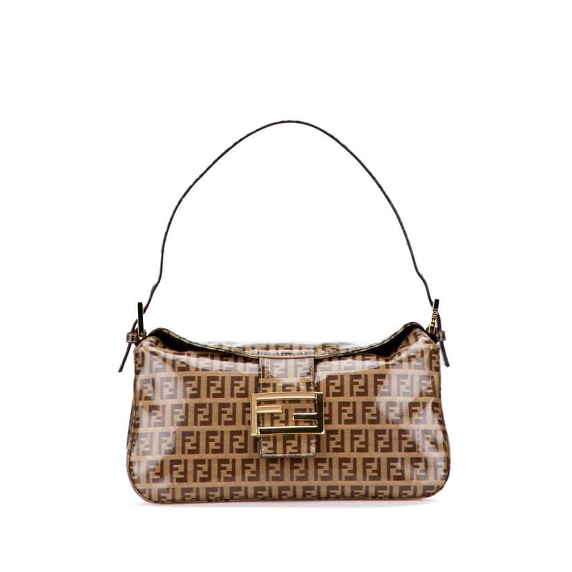 Fendi Zucchino Crystal Double Flap Shoulder Bag Brown Canvas Good condition - Front View