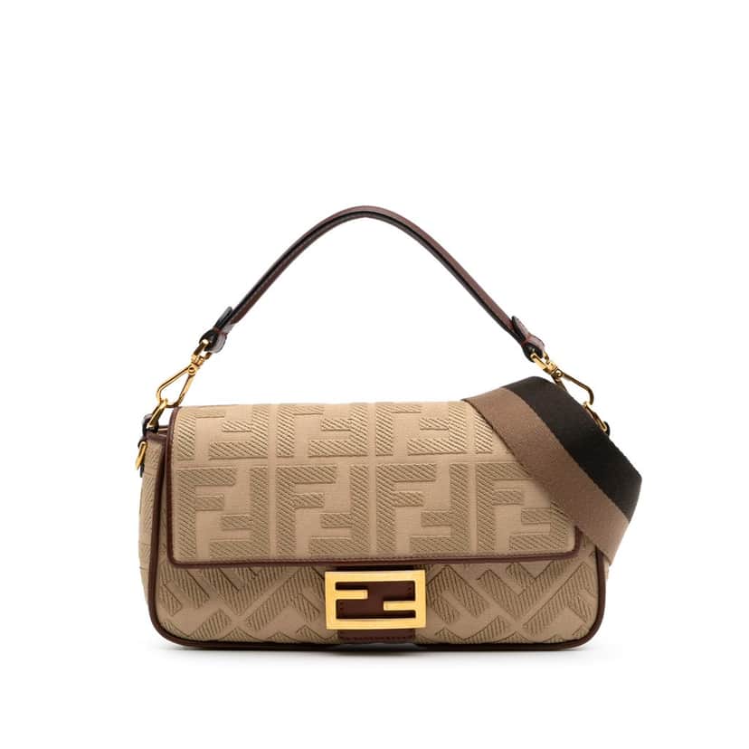 Fendi Medium Embroidered Canvas Baguette Satchel Brown Canvas Good condition - Front View