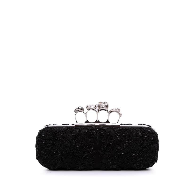 Alexander Mcqueen Beaded Lace Skull Knuckle Duster Clutch Black Good condition - Front View