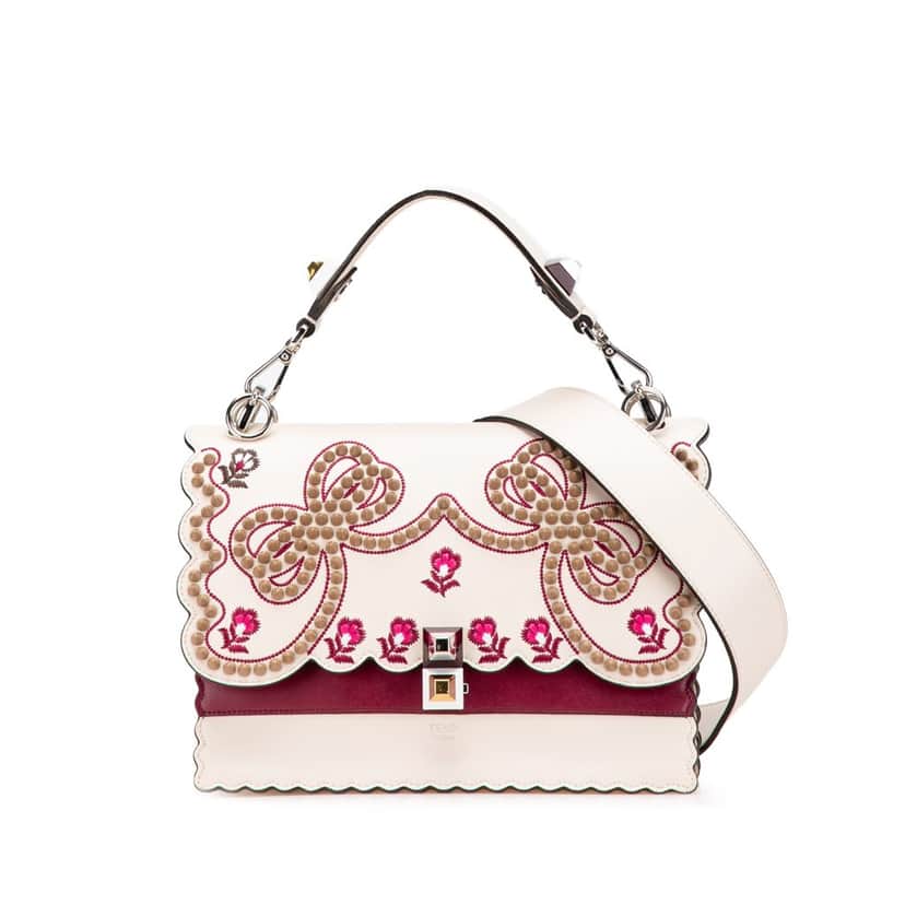 Fendi Medium Vitello Liberty Lucido Flowers and Bows Scalloped Studded Kan I Satchel Brown Leather Very good condition - Front View