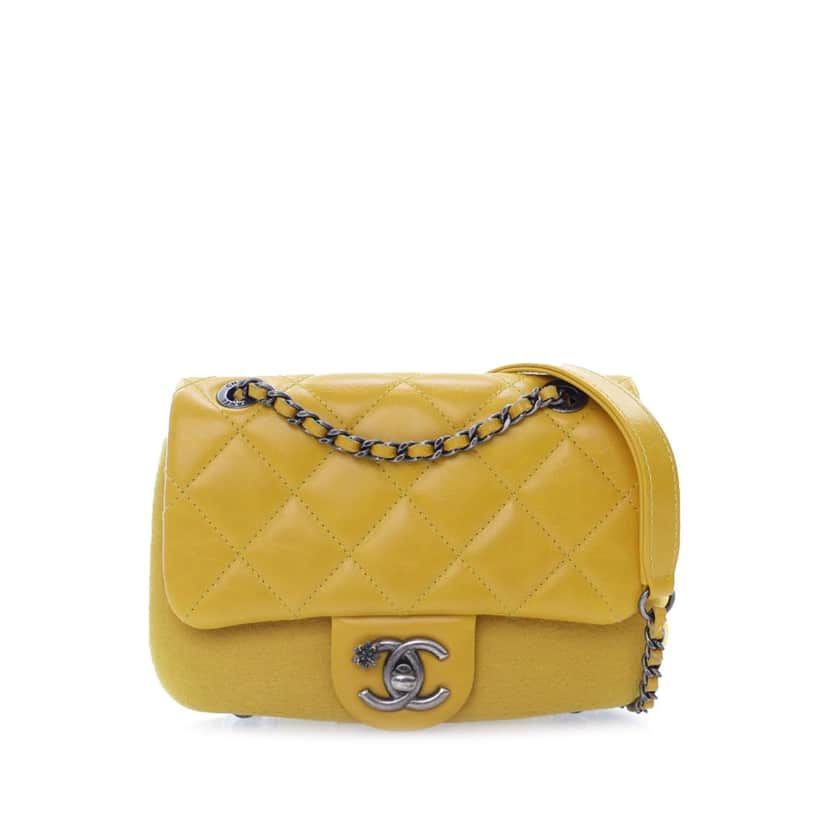 Chanel Mini Square CC Quilted Lambskin and Suede Single Flap Yellow Leather Good condition - Front View