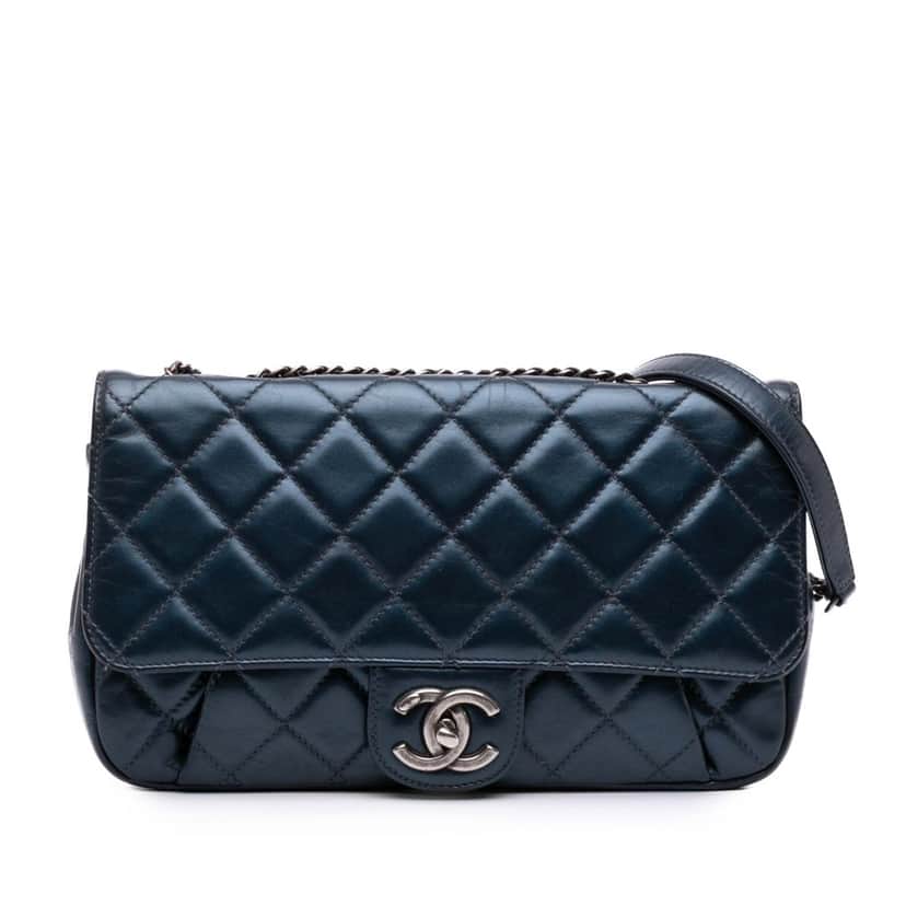 Chanel Medium Quilted Glazed Calfskin Coco Pleats Flap Blue Leather Good condition - Front View