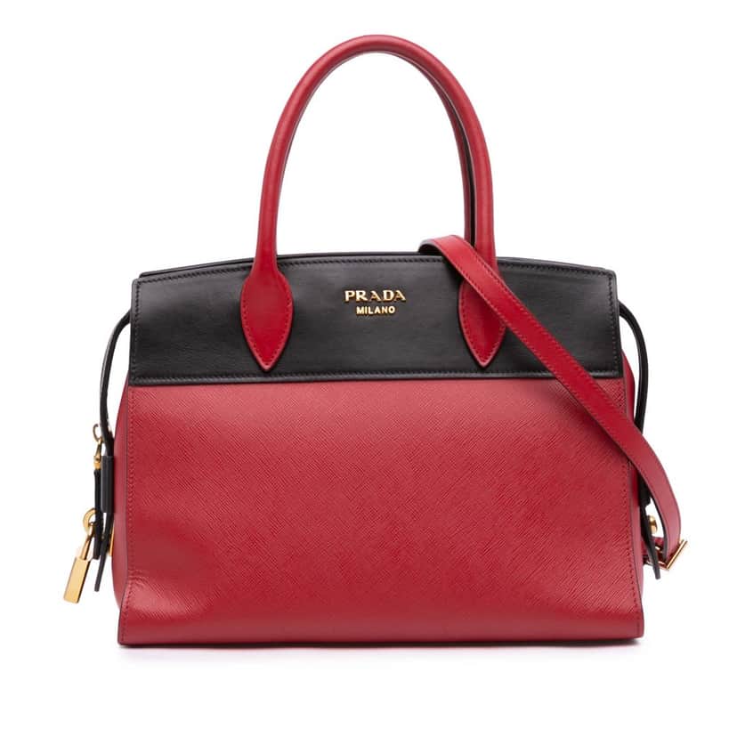 Prada Saffiano And City Calf Esplanade Satchel Red Leather Good condition - Front View