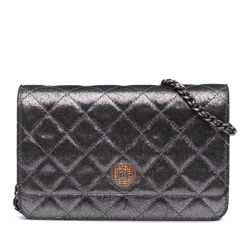 Chanel Quilted Iridescent Lambskin Tartan Button Wallet On Chain Silver Leather Very good condition - Front View