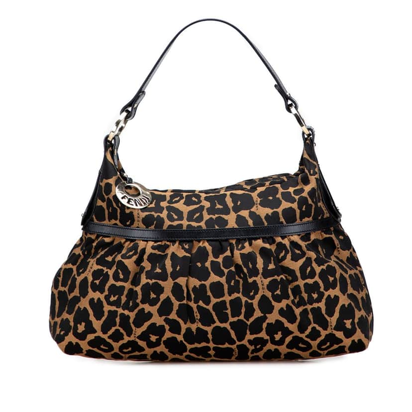 Fendi Canvas Leopard Print Chef Shoulder Bag Brown Canvas Good condition - Front View