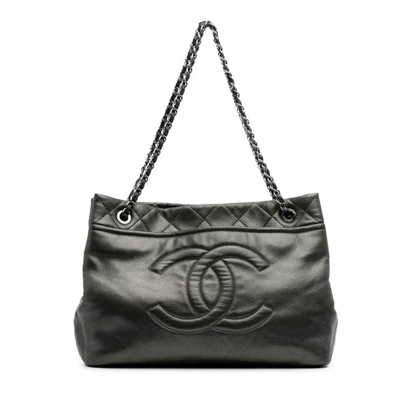 Chanel CC Metallic Caviar Soft Tote Grey Leather Good condition - Front View