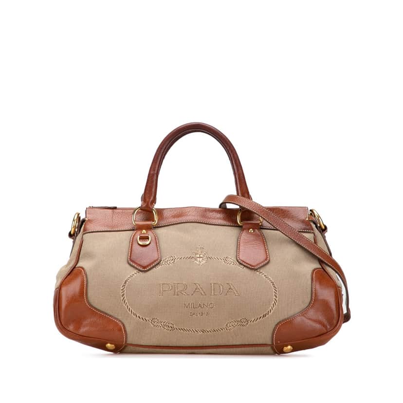 Prada Leather Trimmed Canvas Canapa Logo Satchel Brown Canvas Good condition - Front View