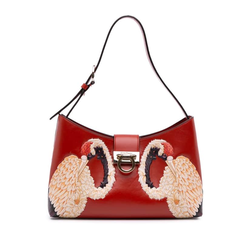 Salvatore Ferragamo Printed Leather Trifolio Shoulder Bag Red Leather Good condition - Front View