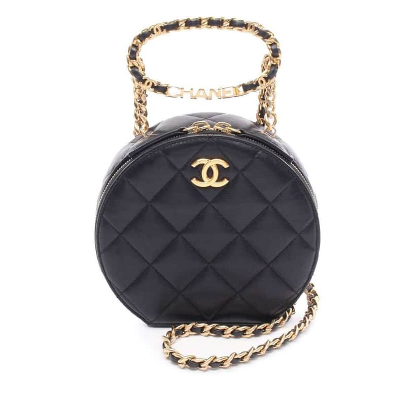Chanel Quilted Lambskin Oval Logo Chain Top Handle Round Clutch on Chain Black Leather Good condition - Front View