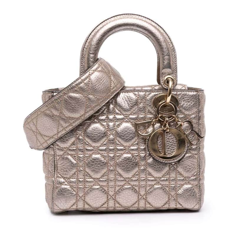 Dior Small Metallic Grained Calfskin Cannage Supple Lady Dior Gold Leather Good condition - Front View