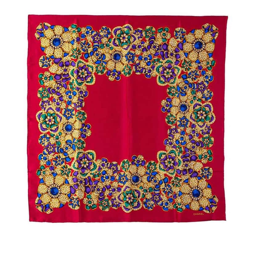 Chanel Gripoix Buttons Silk Scarf Red Silk Good condition - Front View