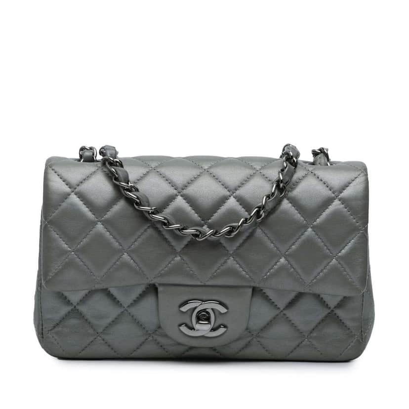 Chanel Mini Rectangular Classic Lambskin Single Flap Silver Leather Good condition - Front View