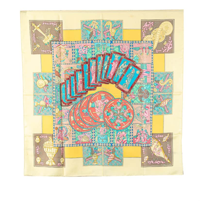 Hermès Le Tarot Silk Scarf Yellow Silk Good condition - Front View