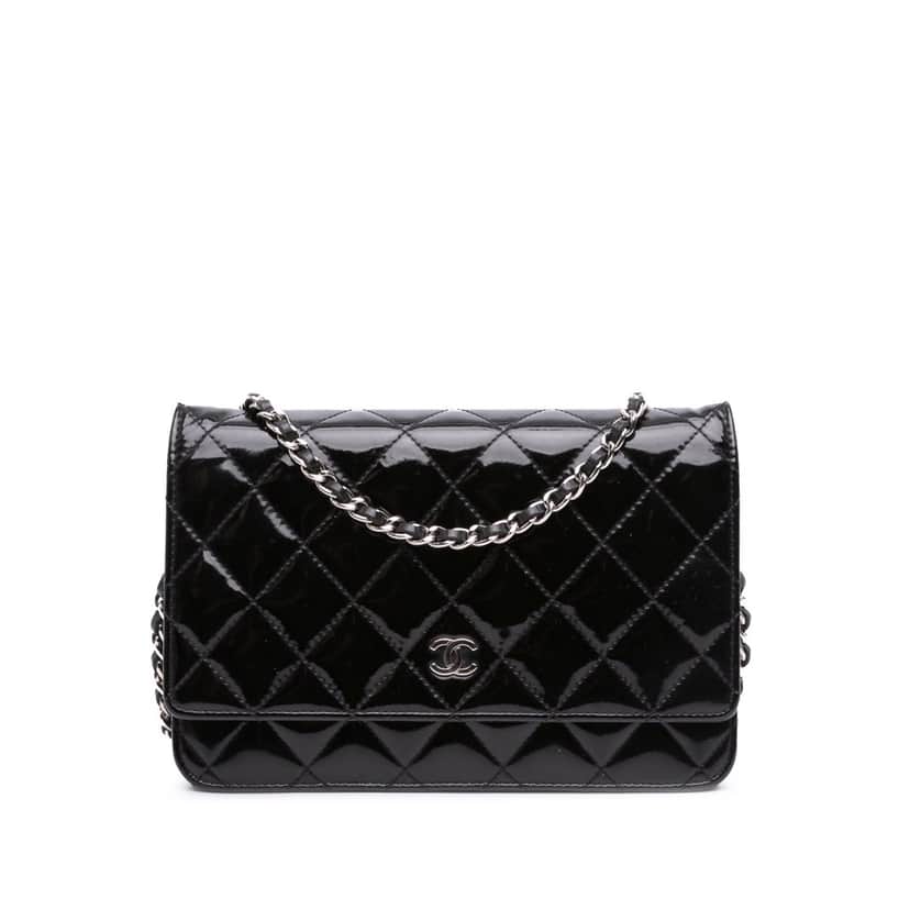 Chanel CC Quilted Patent Wallet On Chain Black Leather Good condition - Front View