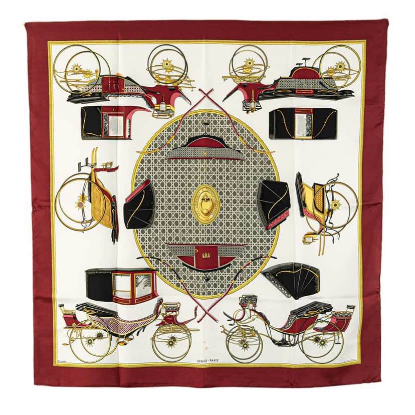 Hermès Les Voitures a Transformation Silk Scarf White Silk Good condition - Front View