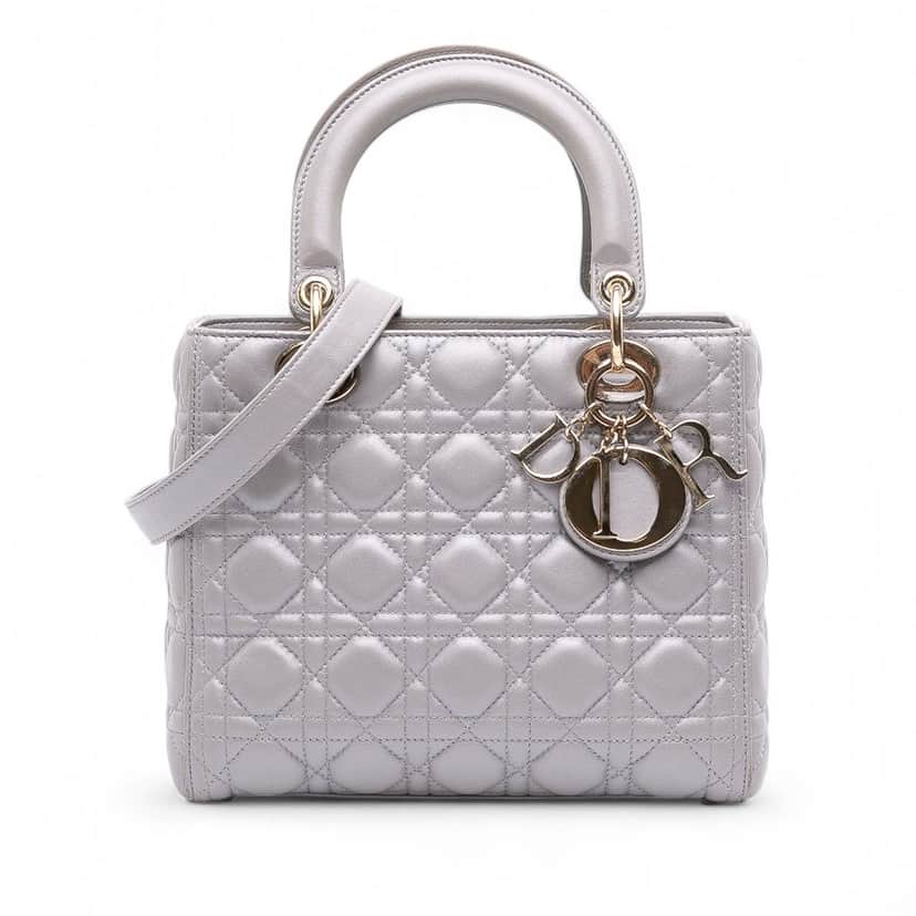 Dior Medium Pearlescent Lambskin Cannage Lady Dior Grey Leather Good condition - Front View