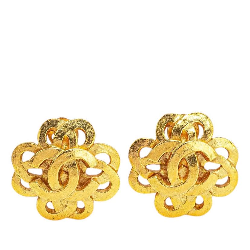 Chanel Gold Plated CC Flower Clip On Earrings Gold Metal Good condition - Front View
