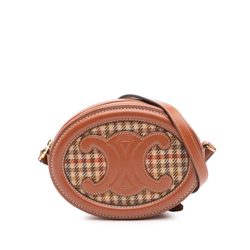 Celine Small Houndstooth Canvas and Calfskin Cuir Triomphe Oval Crossbody Brown Leather Good condition - Front View