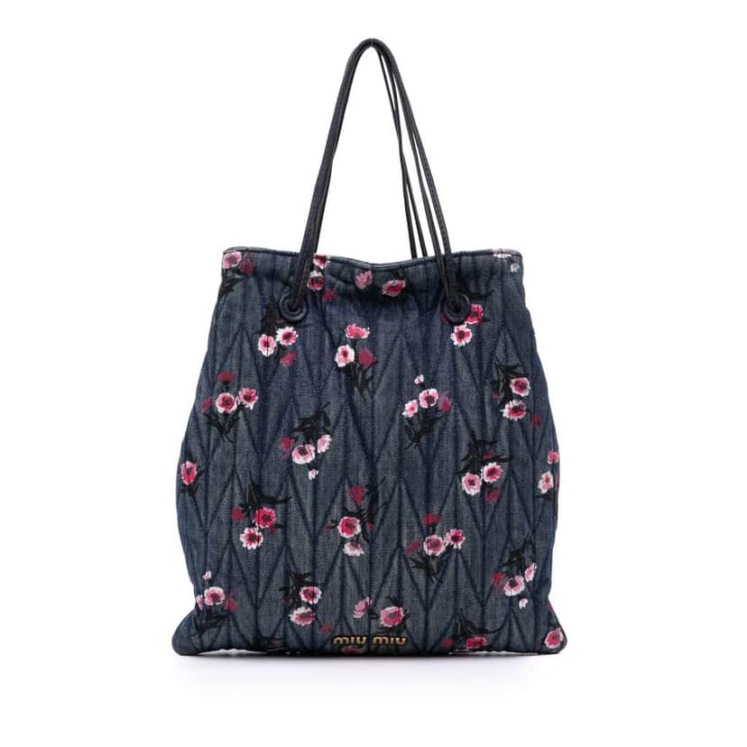 Miu Miu Matelasse Embroidered Denim Shoulder Bag Blue Denim Good condition - Front View